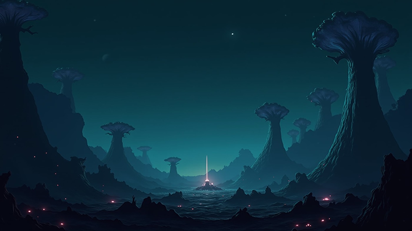 Bioluminescent alien forest at night, a lone beacon burning on the water