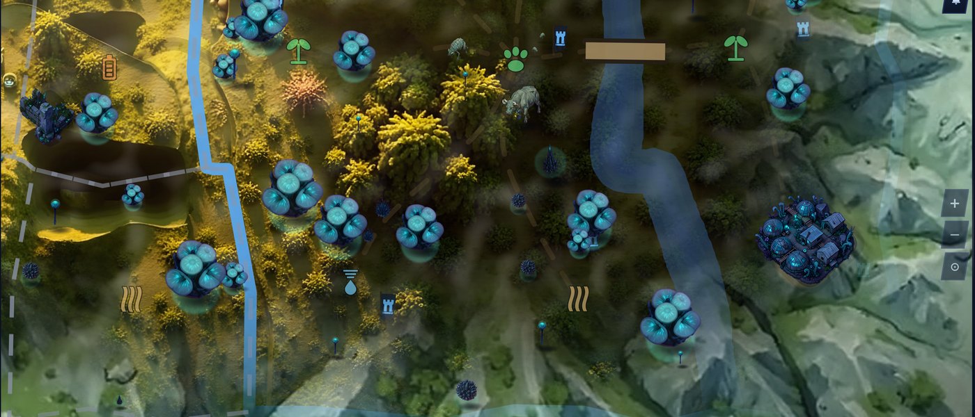 The Fungal Grid map: dense teal spore forest cut by pale corridors