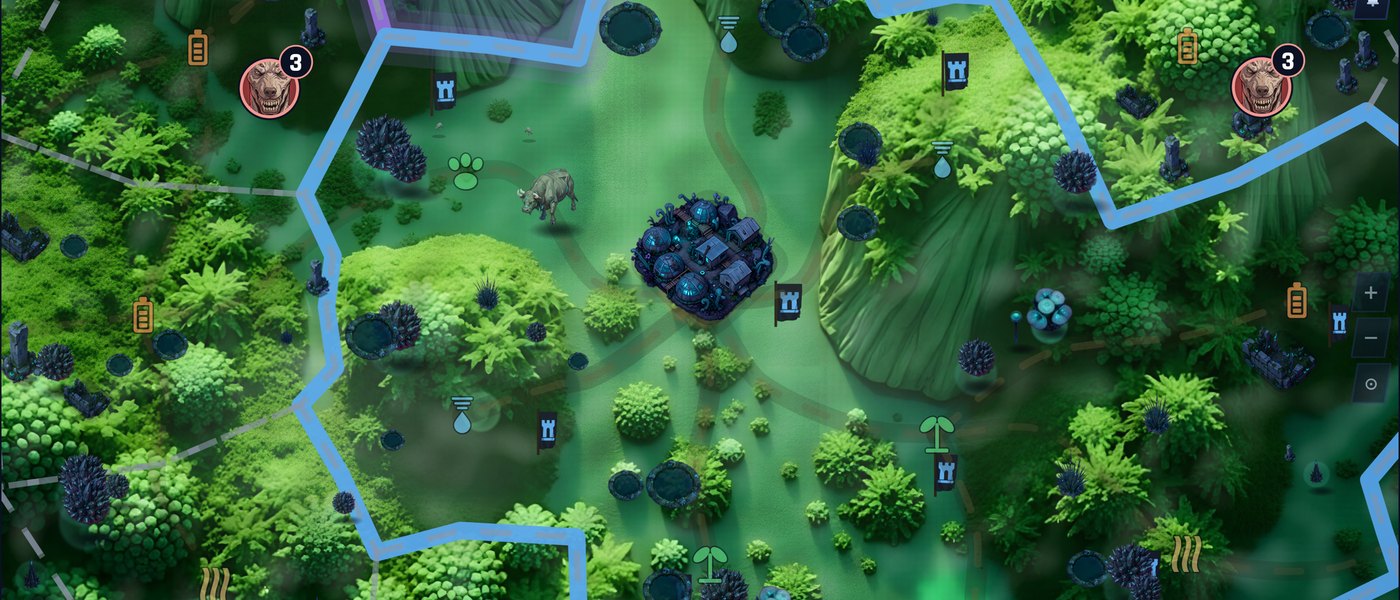 Survey map of The Oasis: claimed territory outlined in green, feral packs marked across a painted valley